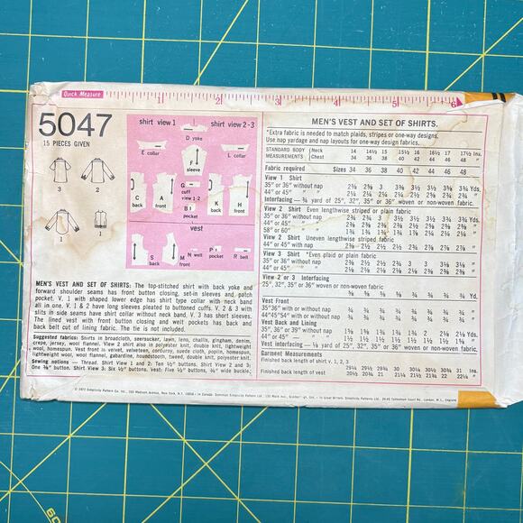 Vtg Simplicity Pattern 5047 Men's Set of Shirts Vest Long-Short Sleeves Uncut 38 - Picture 3 of 8